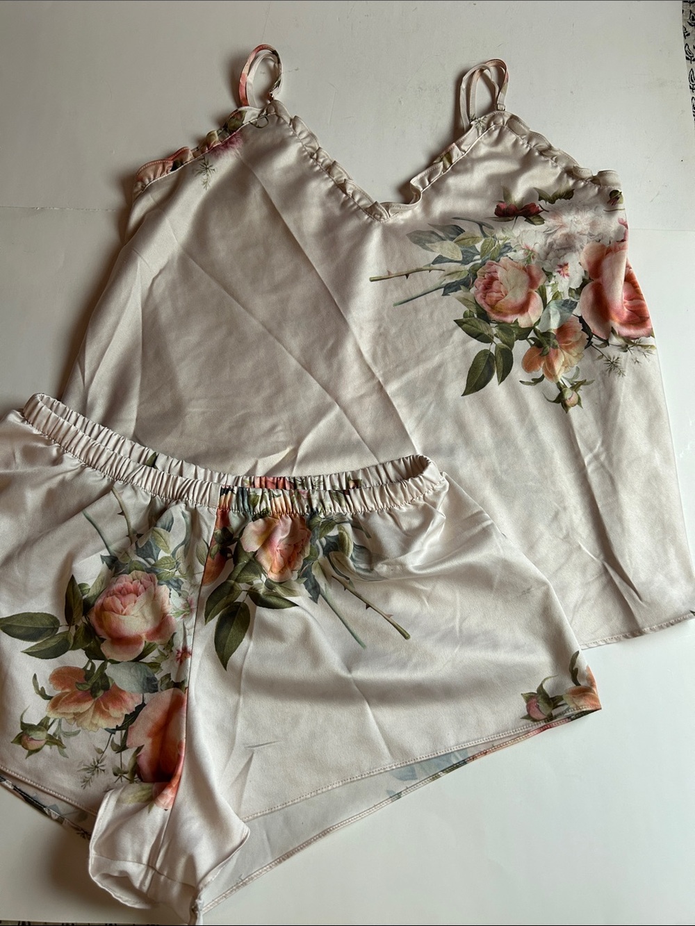Flora Nikrooz Women's Floral Satin Camisole & Shorts Sleep Set - Cream/Blush
